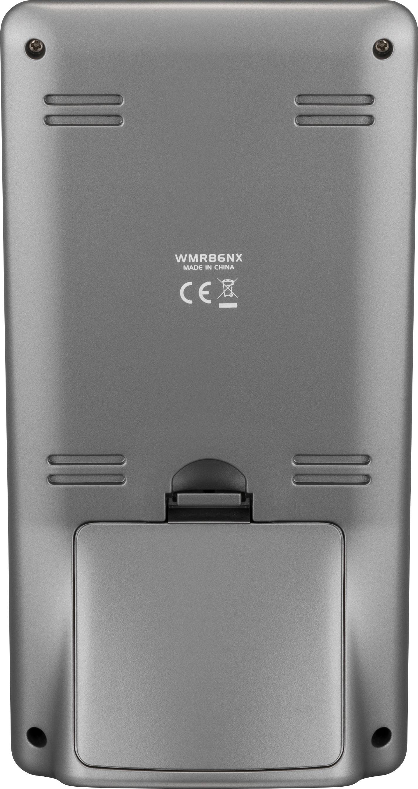 Vue arrière d'un appareil électronique gris avec des fentes de ventilation et un compartiment. L'appareil est marqué du modèle 'WMR86NX' et du logo CE.