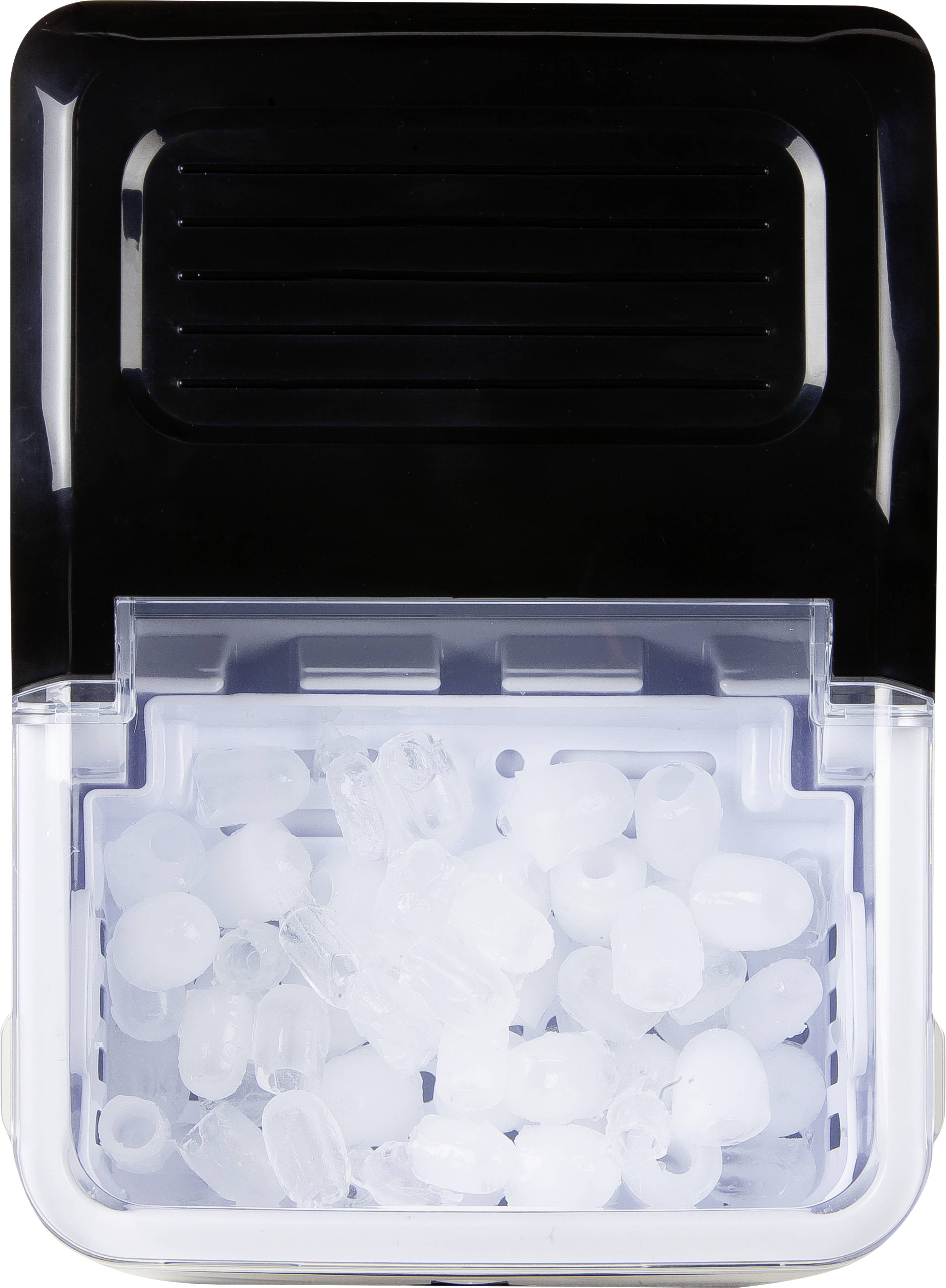 Un bac à glaçons ouvert dans un distributeur de glace avec plusieurs glaçons ronds. Le compartiment supérieur est fermé.