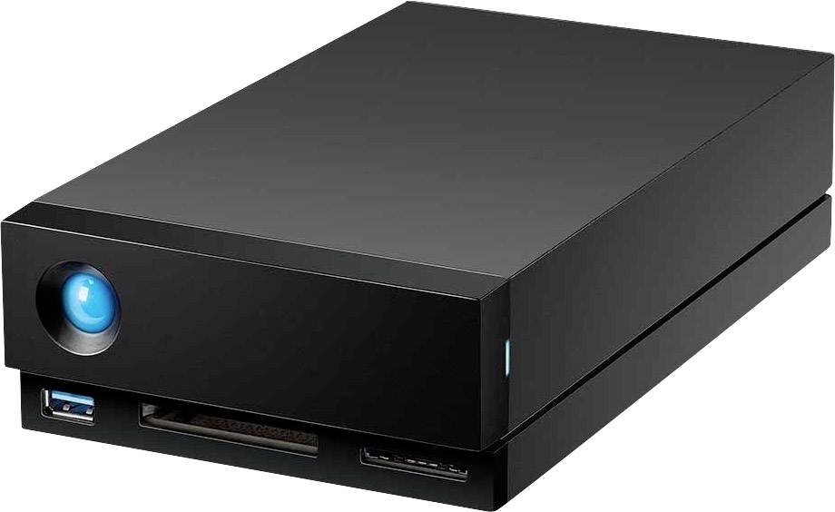 Un disque dur externe de forme rectangulaire avec un voyant bleu sur la façade. Il dispose de plusieurs options de connexion.