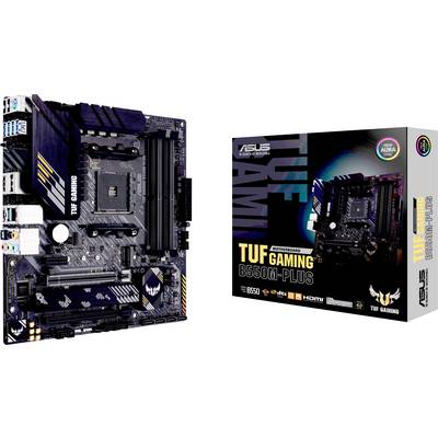 Carte mère ASUS TUF Gaming B550M-Plus, à gauche sans emballage, à droite dans son emballage. Compatible avec les processeurs AMD Ryzen.