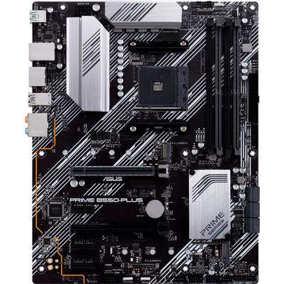 Carte mère ASUS Prime B550-Plus noire avec dissipateurs thermiques argentés, quatre emplacements RAM et plusieurs connecteurs pour composants PC.