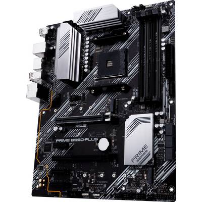 Une carte mère de type 'Prime B550-Plus' avec plusieurs emplacements RAM, emplacements PCIe et connecteurs pour composants informatiques.