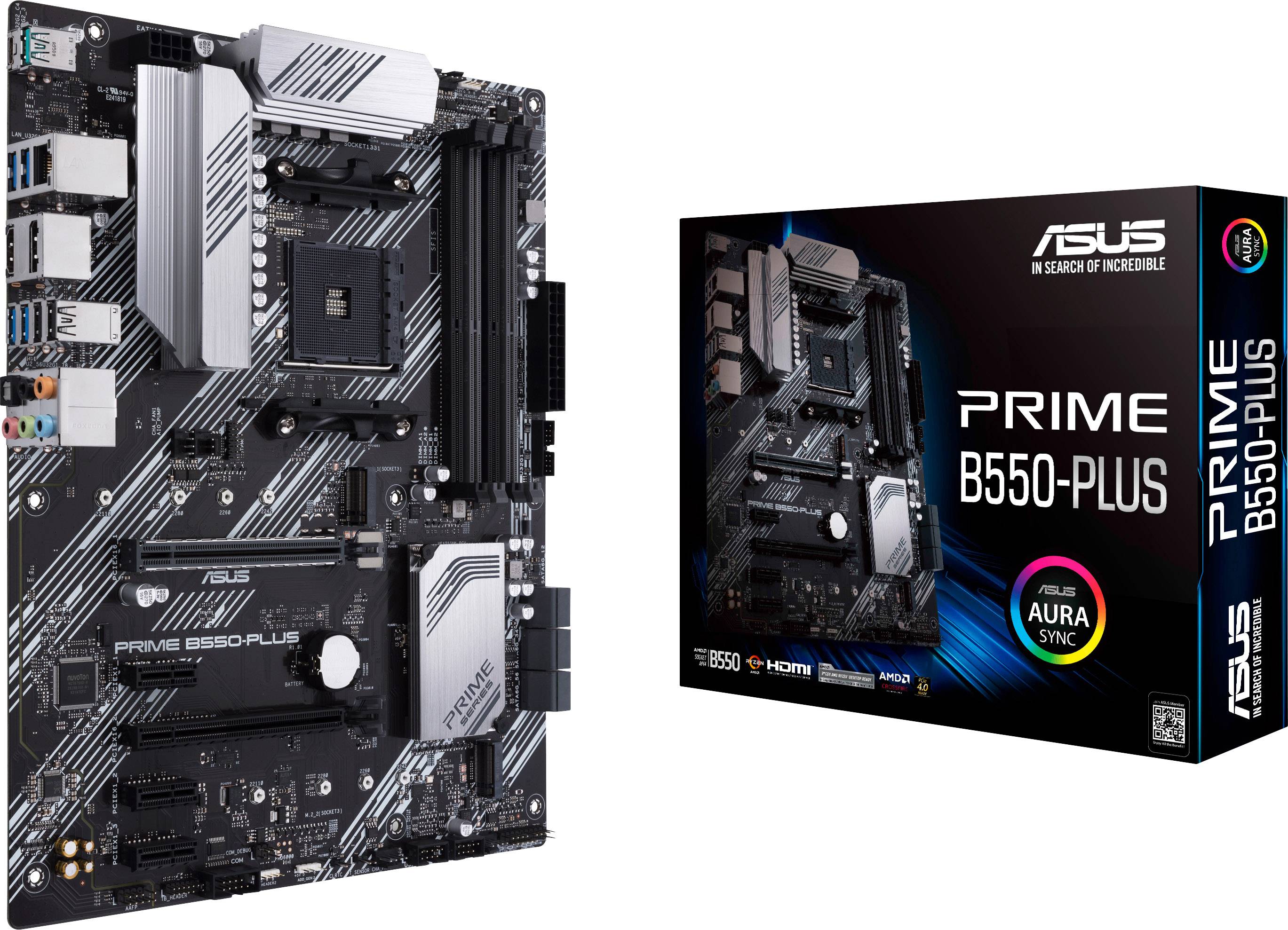 Une carte mère ASUS Prime B550-Plus à côté de son emballage. Elle est conçue en noir et argent, compatible avec les processeurs AMD.