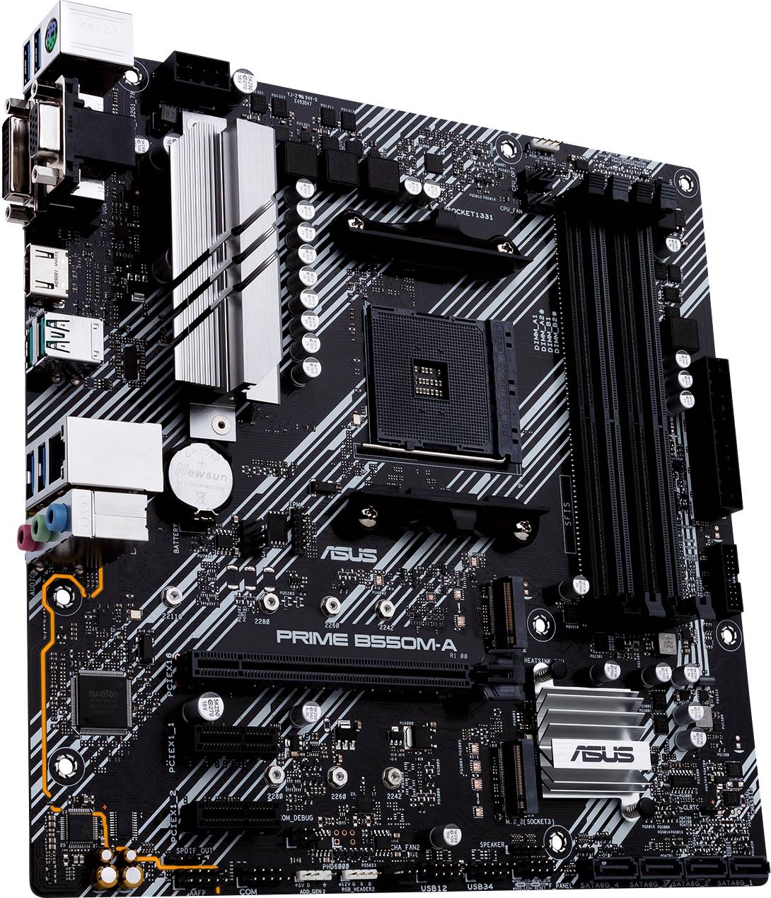 Une carte mère (motherboard) avec plusieurs connecteurs et emplacements, comprenant des emplacements RAM, des slots PCIe et des ports USB, modèle 'PRIME B550M-A'.