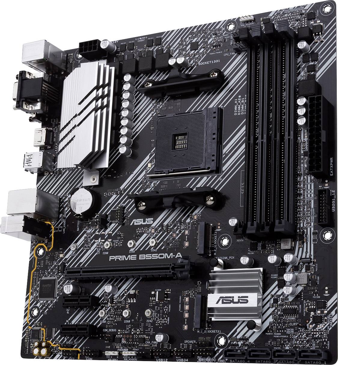 Carte mère ASUS PRIME B550M-A noire avec emplacements PCIe, emplacements RAM et connecteurs pour processeur, cartes graphiques et cartes son.