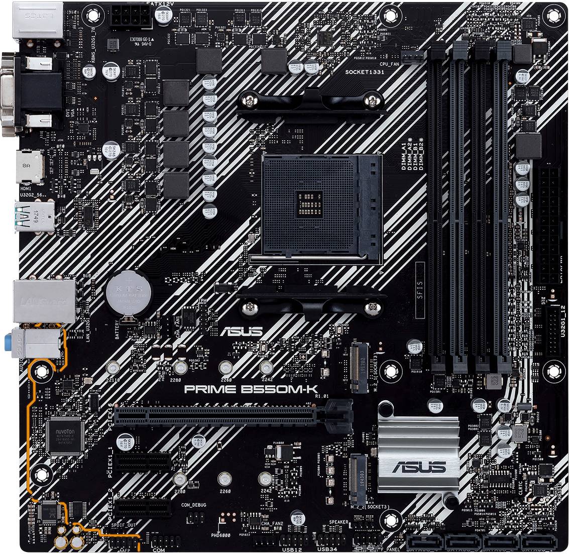 Une carte mère avec différentes connexions, puces et emplacements. Modèle : 'ASUS PRIME B550M-K'. Adaptée pour la construction d'un ordinateur.