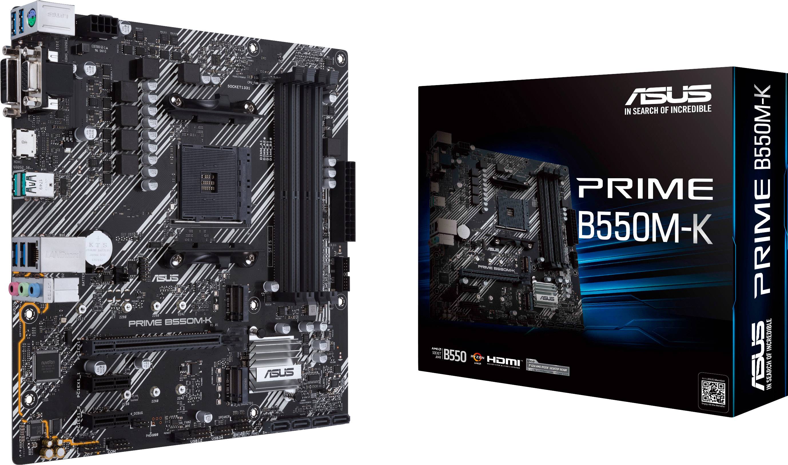 Une carte mère ASUS PRIME B550M-K est représentée, à côté de son emballage. Les deux montrent les connexions techniques et le logo du produit.