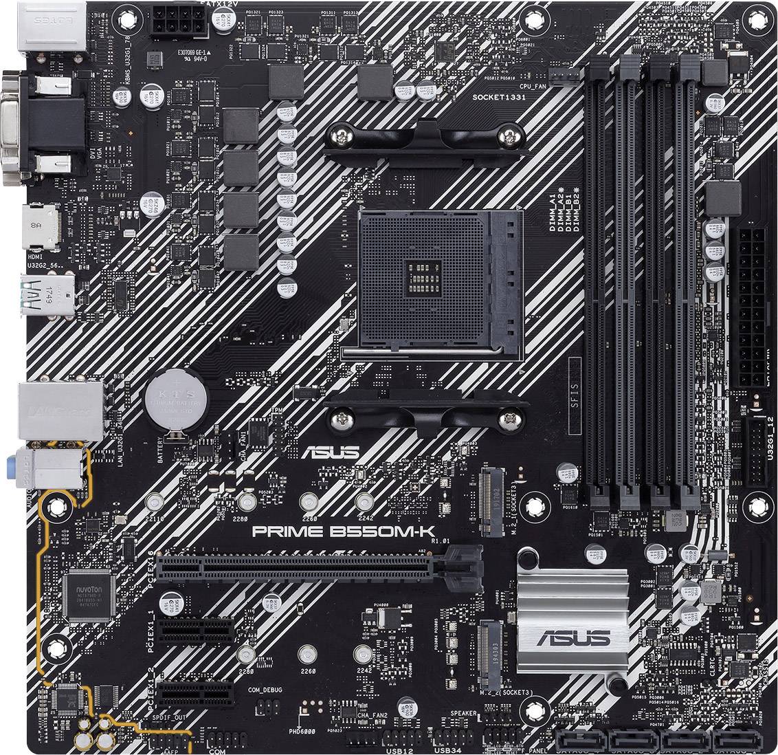 Carte mère ASUS PRIME B550M-K, socket AM4, deux emplacements RAM, plusieurs emplacements PCIe, nombreuses connexions USB disponibles.