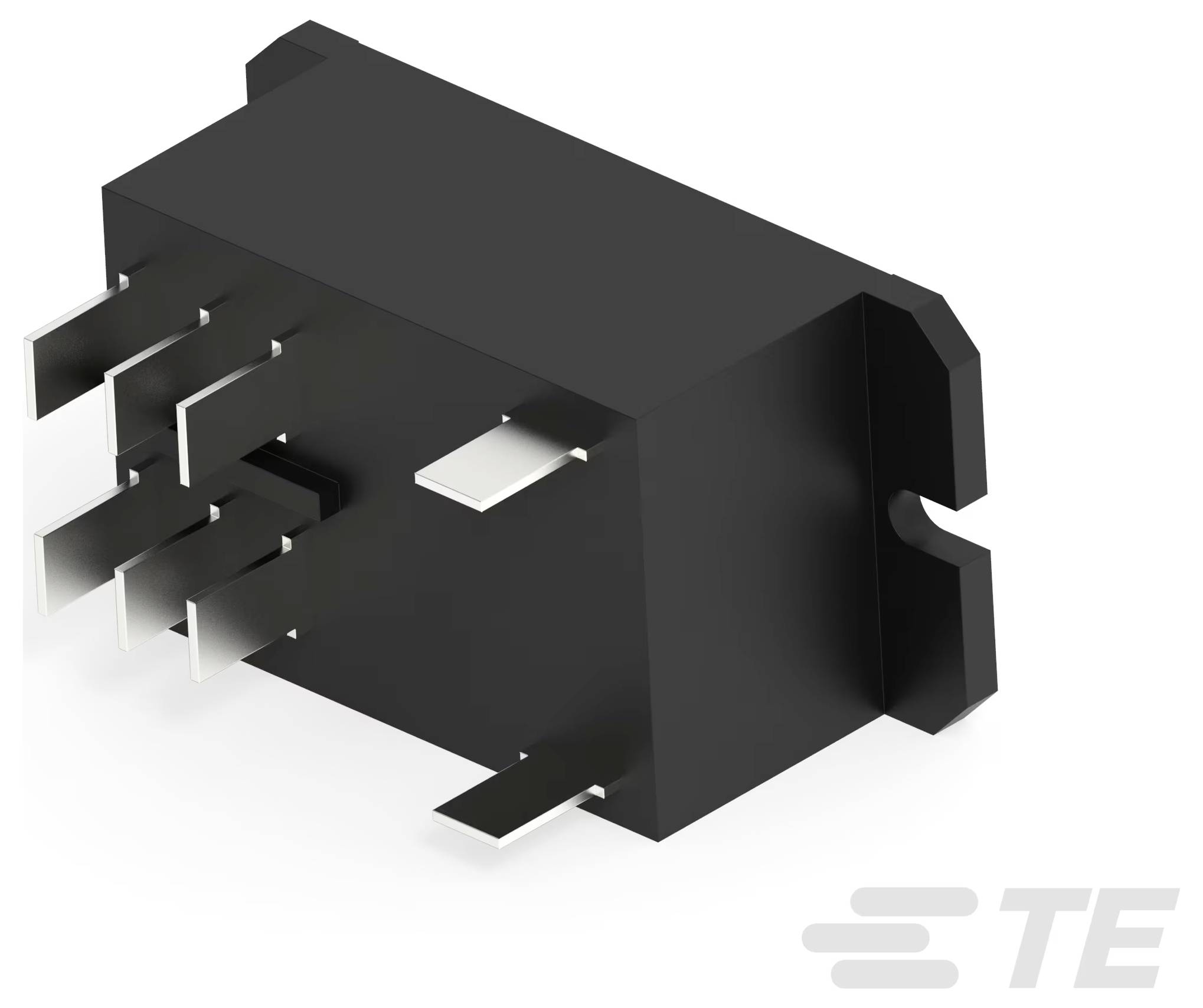 Un connecteur électronique noir avec plusieurs broches métalliques s'étendant d'un côté, utilisé pour les connexions électriques. Logo « TE » dans le coin.