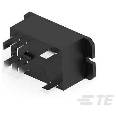 Un connecteur électronique noir avec plusieurs broches métalliques s'étendant d'un côté, utilisé pour les connexions électriques. Logo « TE » dans le coin.
