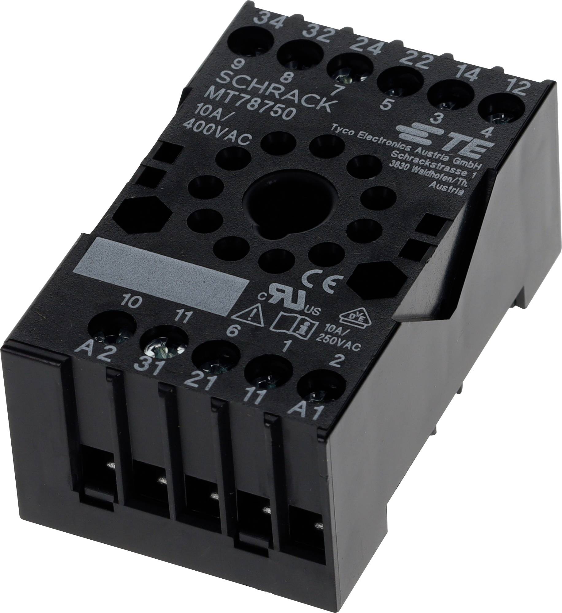 Socle de relais noir étiqueté « SCHRACK MT78750 10A 400VAC », avec plusieurs bornes de contact sur le dessus.