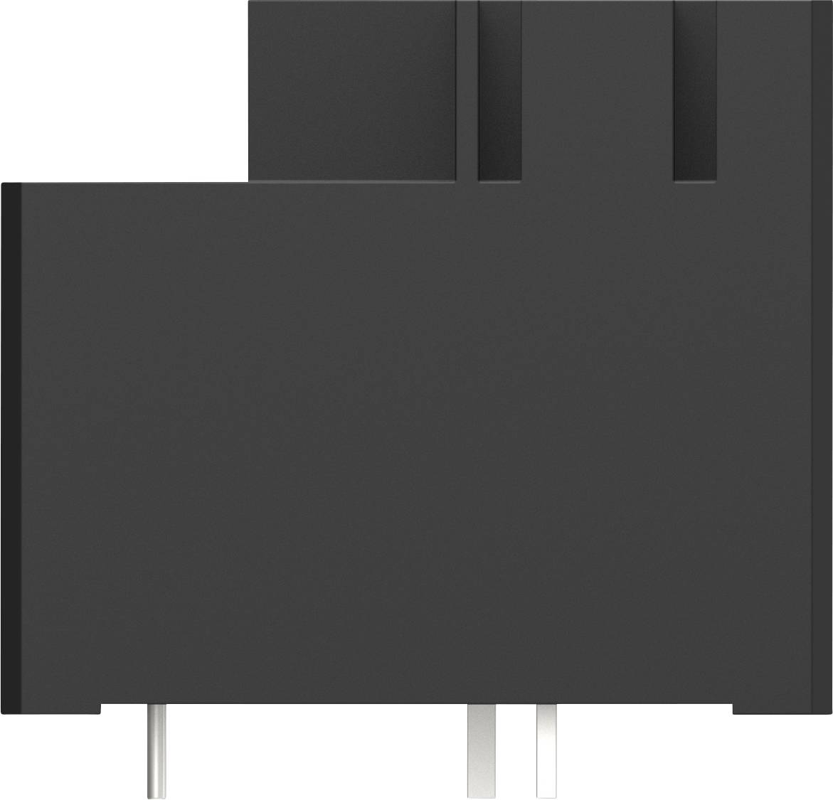 Composant électronique noir rectangulaire avec deux broches métalliques à la base, probablement destiné à être utilisé dans un appareil électronique.