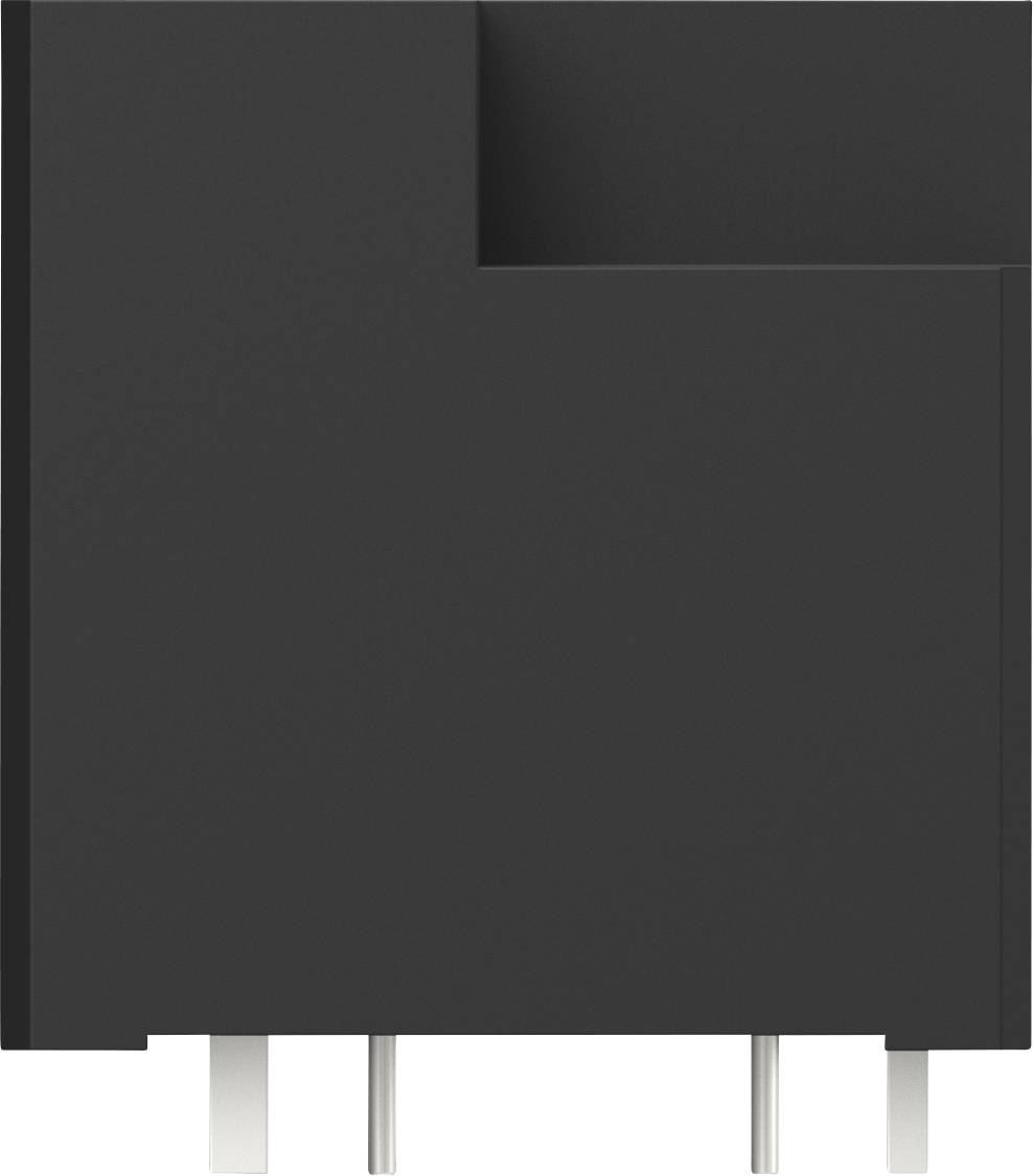 Objet rectangulaire noir et gris avec des broches métalliques sur le bord inférieur. Le design présente une découpe en forme de L.