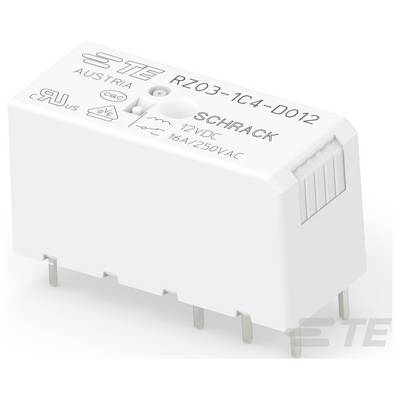 Relais électronique rectangulaire blanc étiqueté 'TE RZ03-1C4-D012 SCHRACK 12VDC 16A/250VAC', avec des broches ci-dessous pour la connexion de circuit.