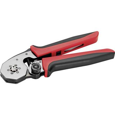 Pince à sertir avec poignées rouge et noir, ouverte. Outil pour sertir des connexions de câbles en électricité et en mécanique.