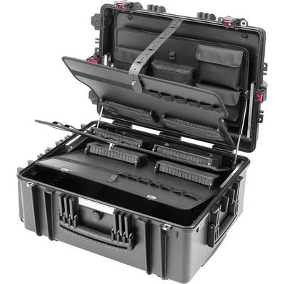 Un coffret de transport de sécurité noir ouvert, doté de plusieurs compartiments et supports, conçu pour contenir et organiser du matériel.