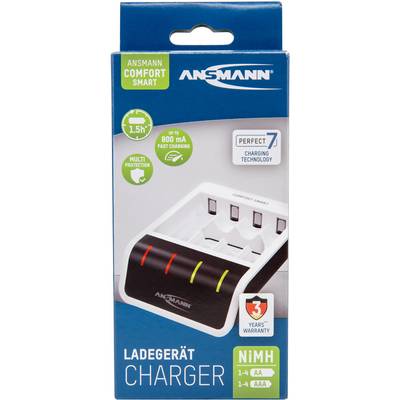 Chargeur Ansmann Comfort Smart pour piles AA/AAA, avec protection multifonctions, charge rapide jusqu'à 800 mA, garantie de 3 ans.