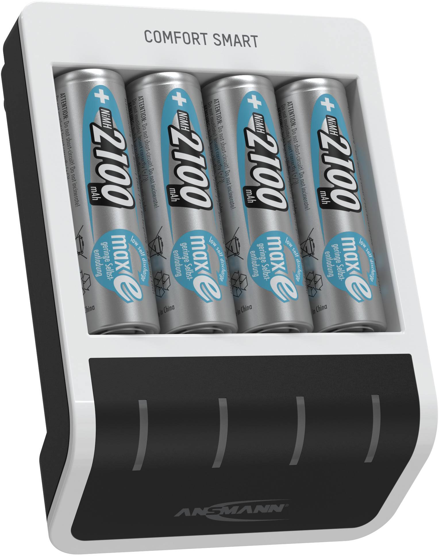 Chargeur de batterie avec quatre piles AA. En haut, il est écrit 'Comfort Smart'. Les batteries portent l'inscription '2100 mAh' et 'maxE'.