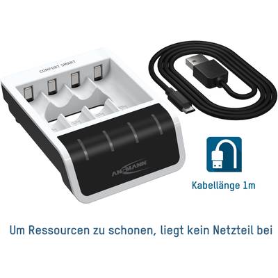Chargeur avec place pour quatre piles AA/AAA et câble USB-C. Texte : 'Afin de préserver les ressources, aucun adaptateur secteur n'est fourni'. Longueur du câble 1m.