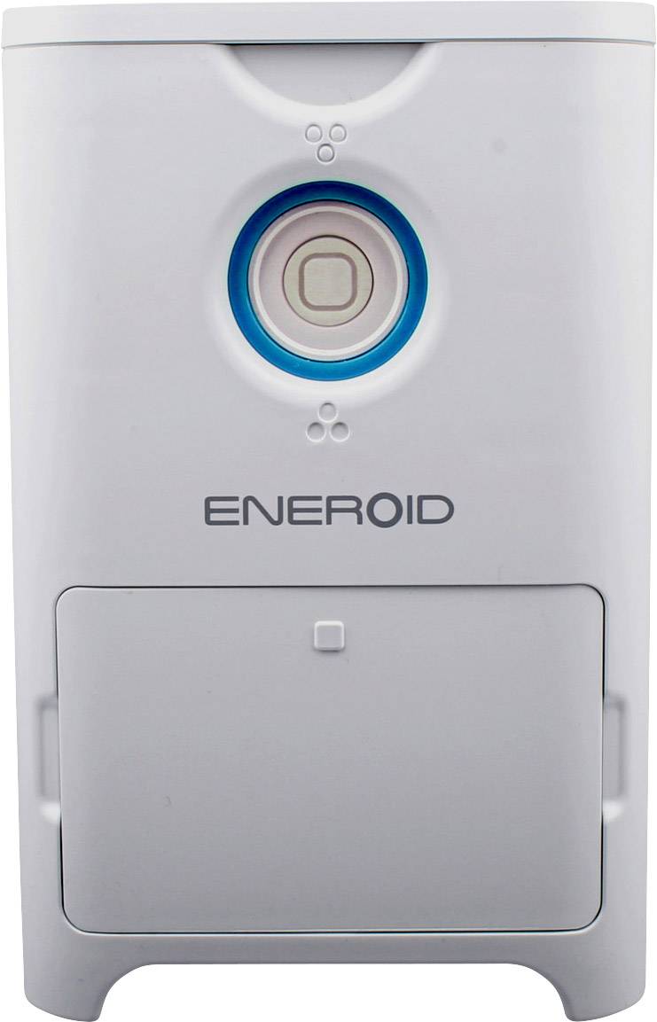 Chargeur blanc portant le nom de marque 'ENEROID' à l'avant, avec un bouton rond au centre. Il semble s'agir d'un chargeur de batterie automatique.