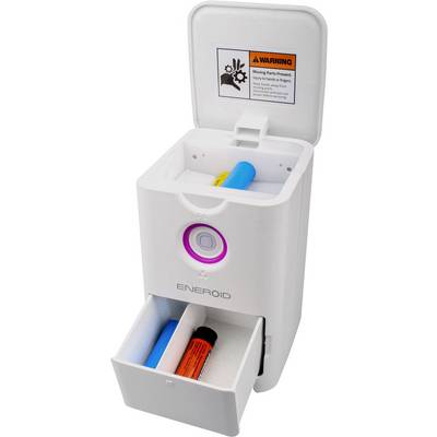 Chargeur de batterie automatique pour piles rechargeables AA/AAA. Le couvercle ouvert montre les batteries insérées et un avertissement.