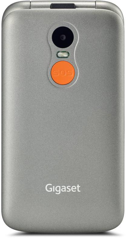 Téléphone portable à clapet de Gigaset de couleur argentée. Une touche 'SOS' orange est située à l'arrière de l'appareil.