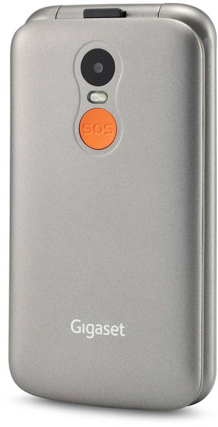 Un téléphone portable à clapet en argent avec un appareil photo et un bouton 'SOS' orange bien visible au dos.
