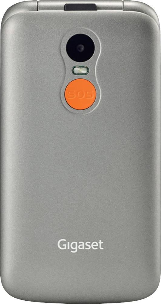 Un téléphone portable à clapet argenté vu de dos, équipé d'un appareil photo et d'une touche SOS orange.