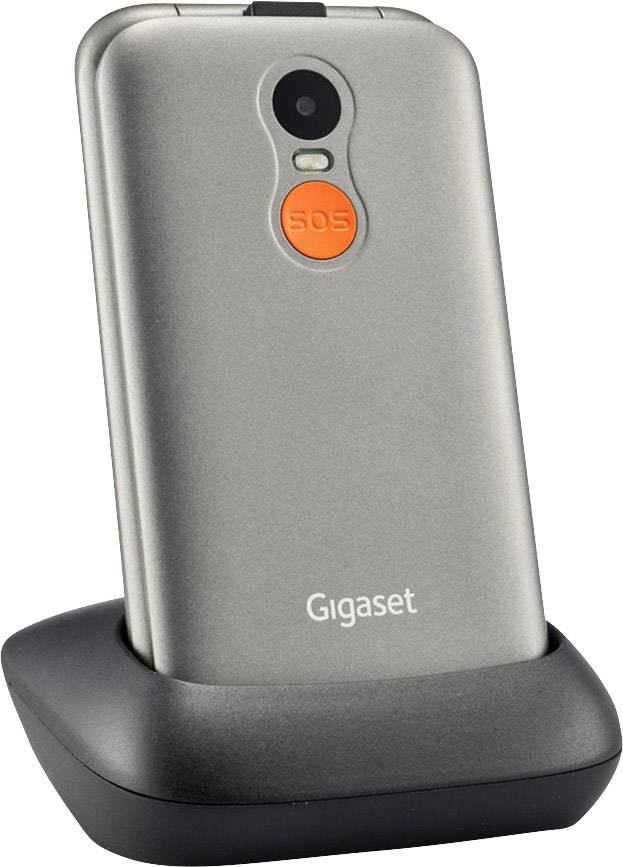 Vue arrière d'un téléphone mobile gris avec un bouton SOS et une caméra dans sa station de charge, le nom de marque 'Gigaset' étant visible.
