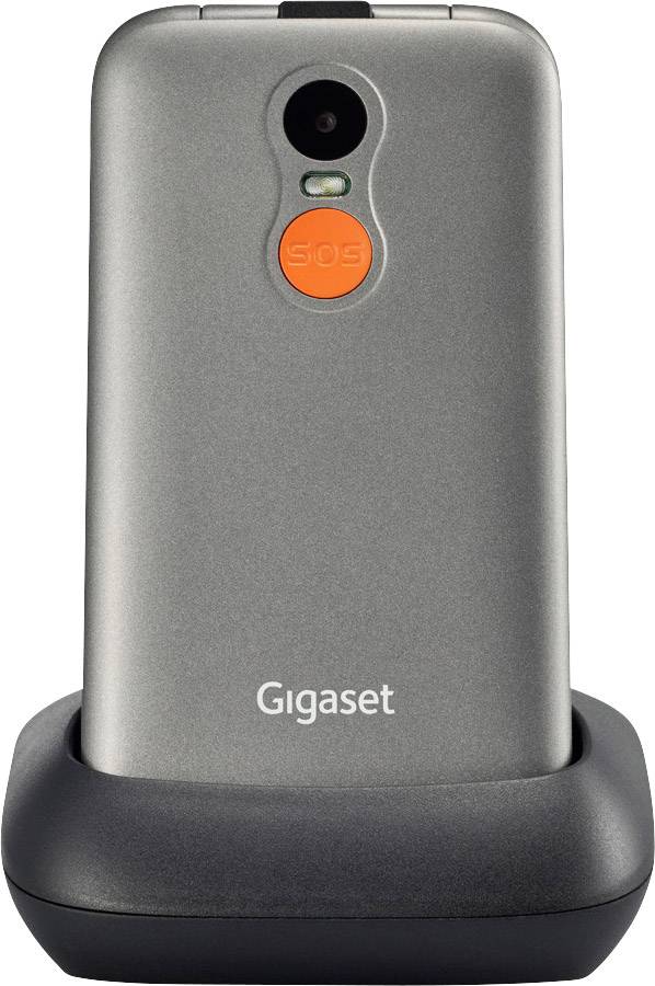 Un smartphone gris de Gigaset est placé dans une station de charge. Une touche 'SOS' orange se trouve au-dessus de la caméra à l'arrière de l'appareil.