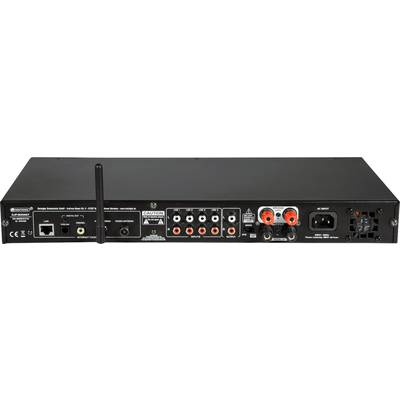 Arrière d'un appareil audio avec différentes connexions : HDMI, bornes pour haut-parleurs, prise secteur, antenne pour connexion sans fil.