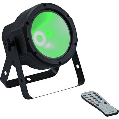 Un projecteur LED noir éclaire en vert ; à côté se trouve une télécommande avec plusieurs touches colorées pour le contrôle de l'éclairage.