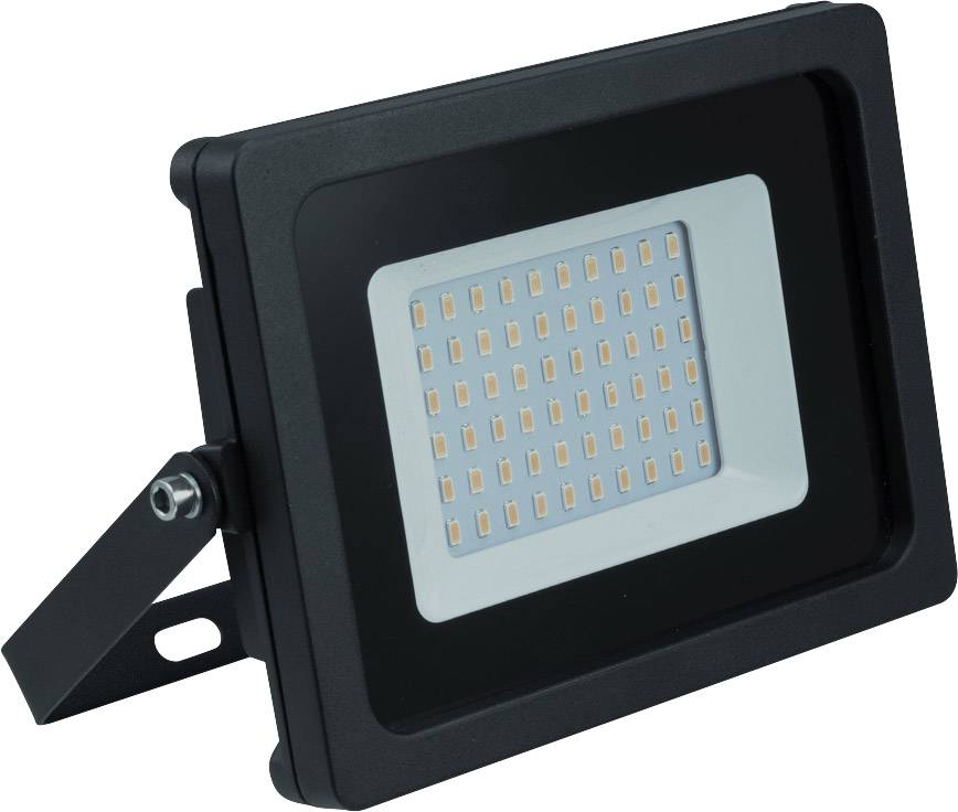 'Projecteur LED noir avec boîtier rectangulaire et de nombreuses petites sources lumineuses sur fond blanc.'