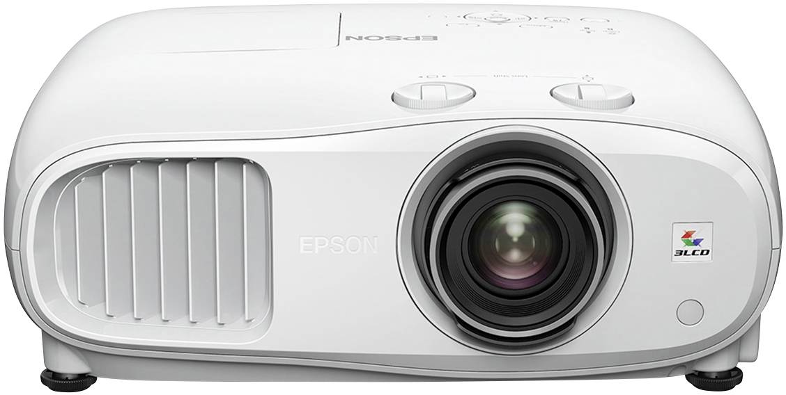 Projecteur Epson blanc avec grand objectif et fentes de ventilation, adapté aux présentations et au cinéma maison.