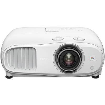 Projecteur Epson blanc avec grand objectif et fentes de ventilation, adapté aux présentations et au cinéma maison.