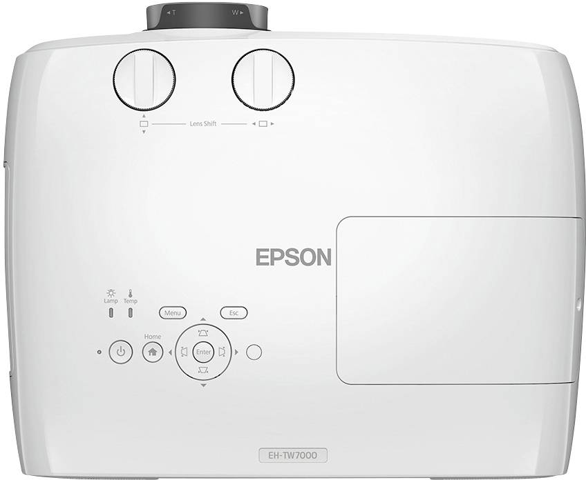 Un projecteur Epson blanc avec des commandes en haut, comprenant des touches de menu et un réglage de l'objectif. Modèle EH-TW7000.