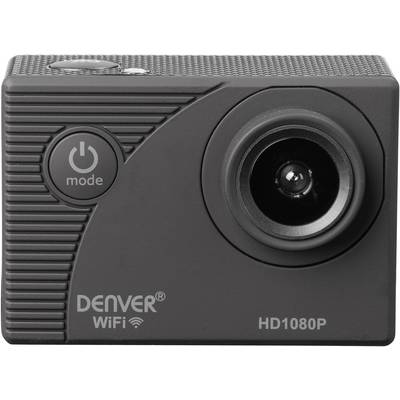 Caméra d'action noire avec objectif et bouton marche/arrêt. Inscription 'DENVER WiFi HD1080P'.