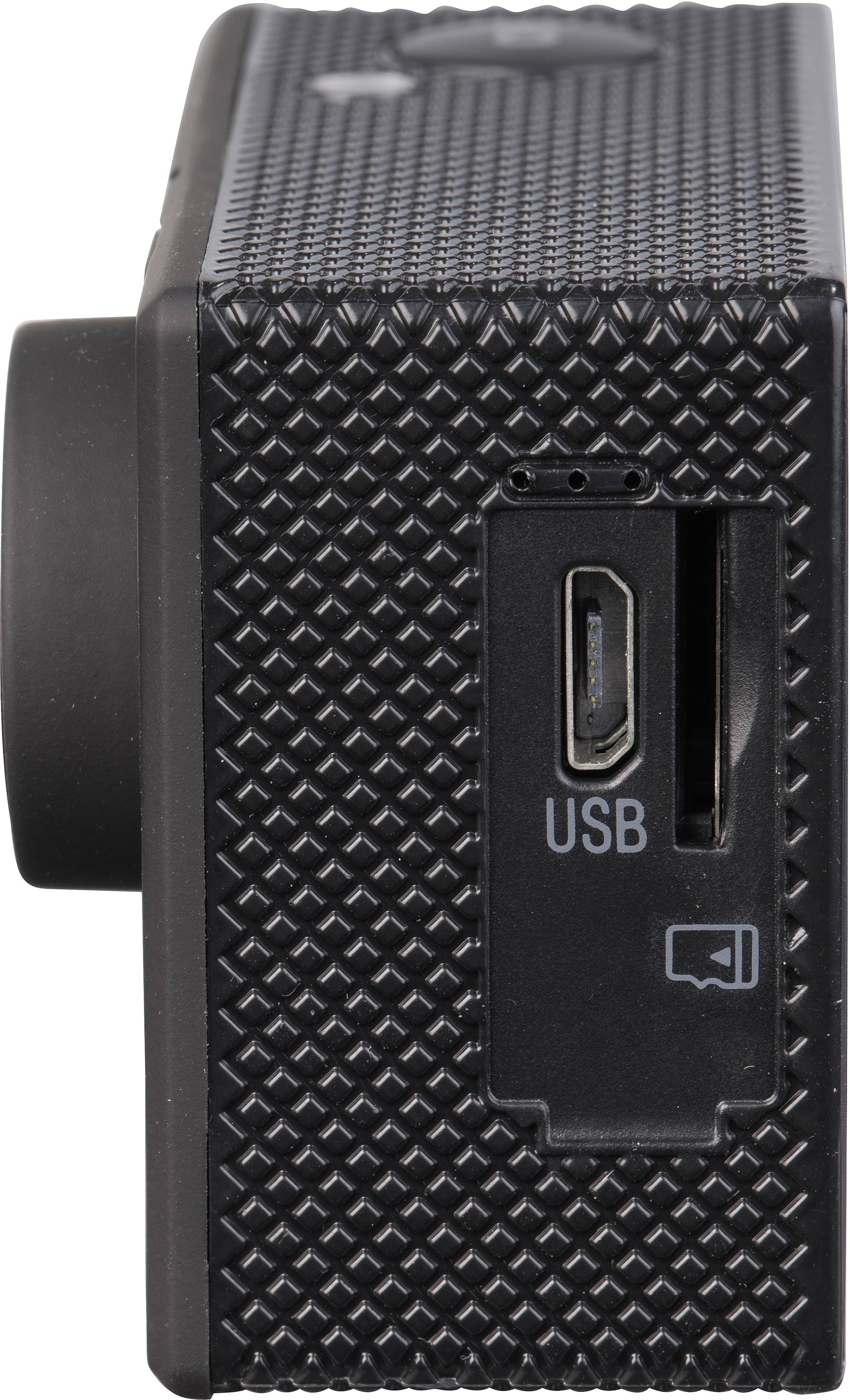 Caméra noire avec port USB et emplacement pour carte sur le côté droit. Boîtier rectangulaire à surface texturée.