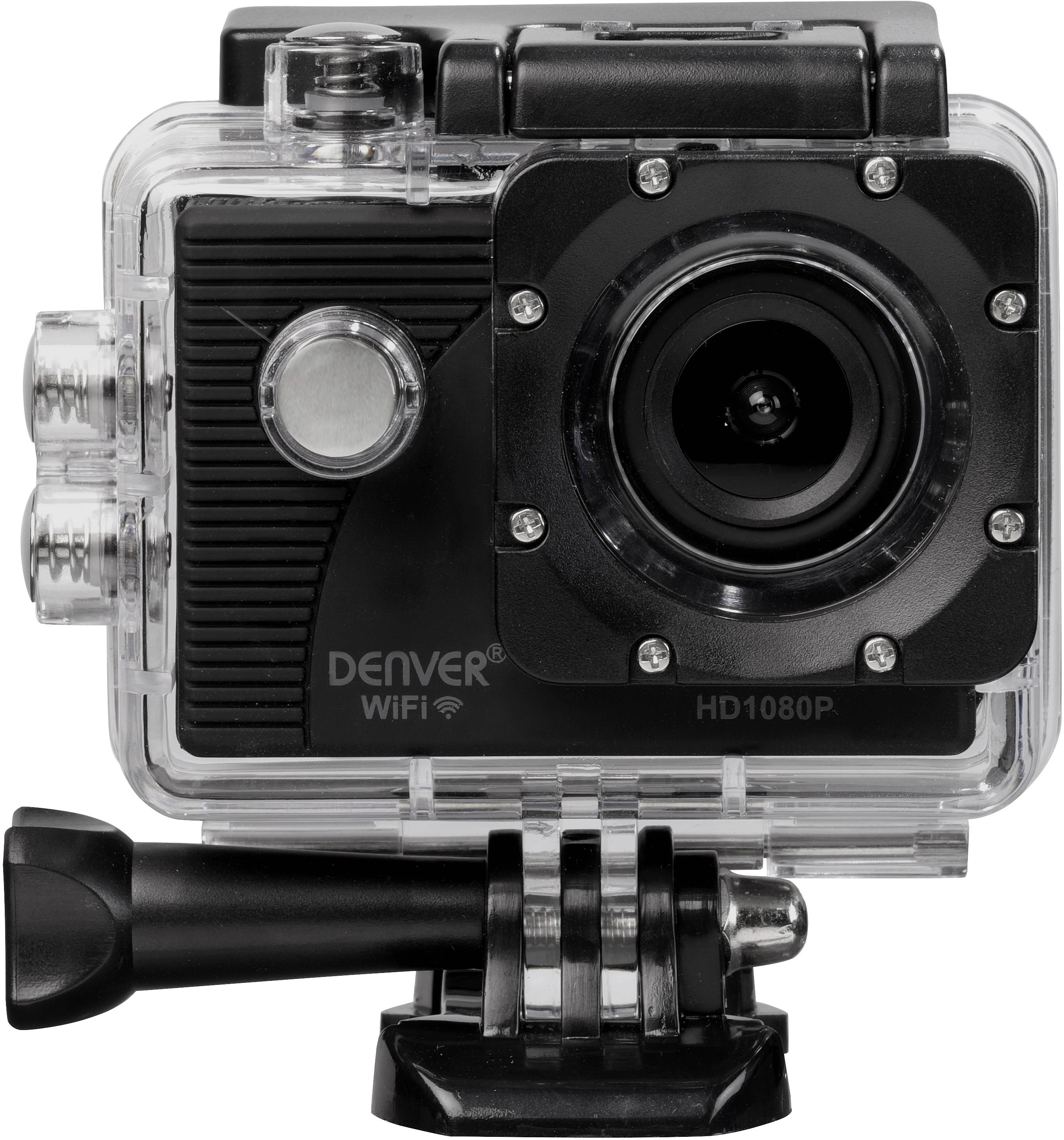 Caméra d'action noire avec boîtier, objectif et support, marquée 'DENVER WIFI' et 'HD1080P'.