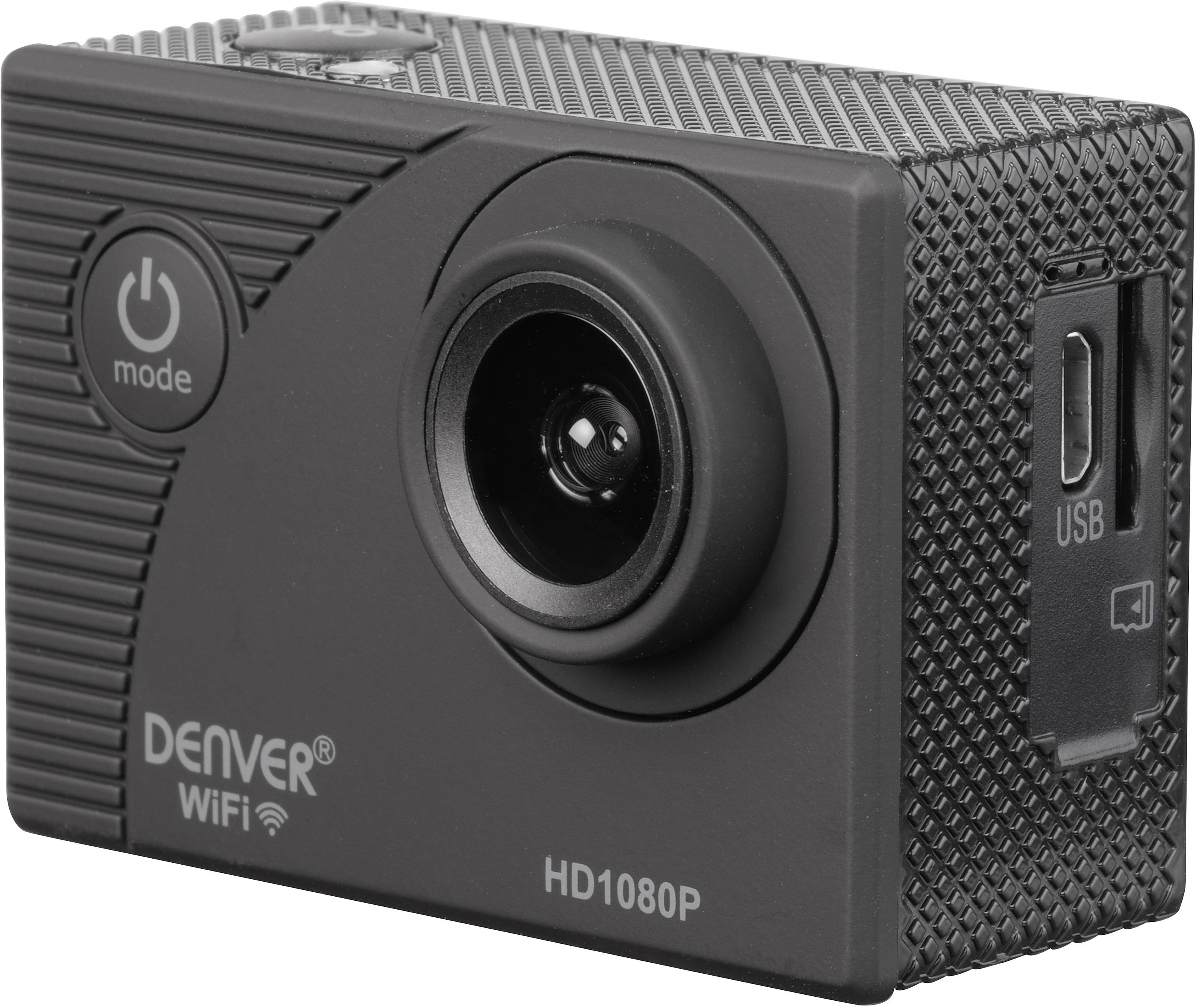 Caméra d'action compacte noire avec WiFi et capacité d'enregistrement HD1080P. La face avant présente le bouton de mode et l'objectif.