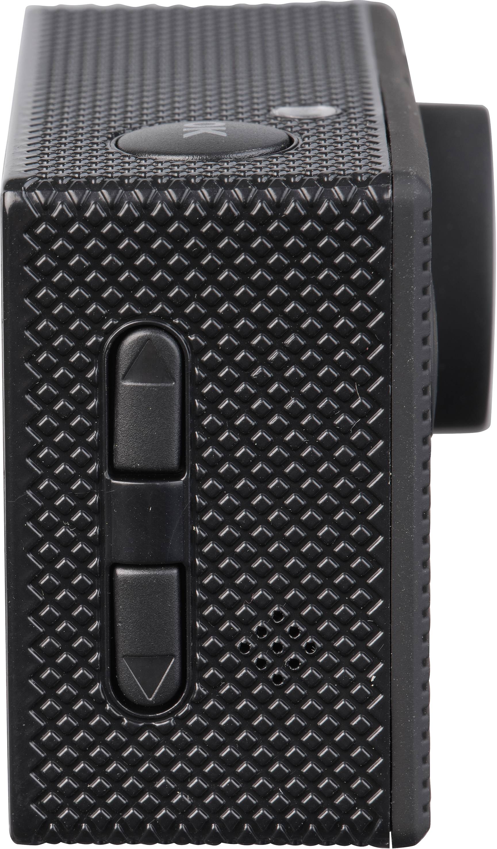 Une caméra d'action noire de côté, avec deux touches fléchées et une surface texturée.