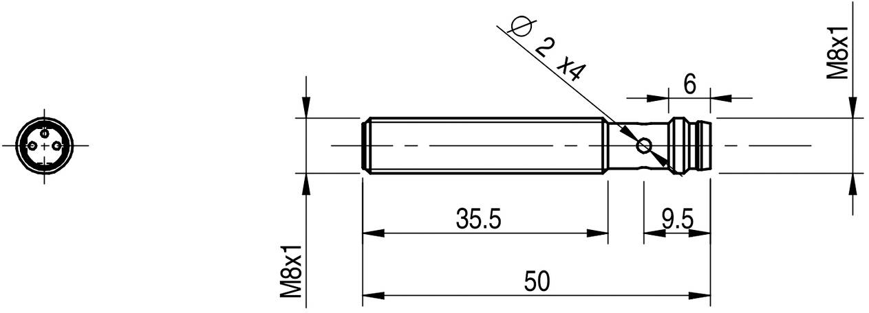 Dessin technique d'un objet cylindrique, dimensions en millimètres : longueur 50, diamètre 2x14, filetage M8x1.