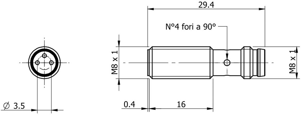 Dessin technique d'un cylindre avec les dimensions : longueur 29,4 mm, diamètre 3,5 mm, filetage M8 x 1. Dimensions et vues annotées.