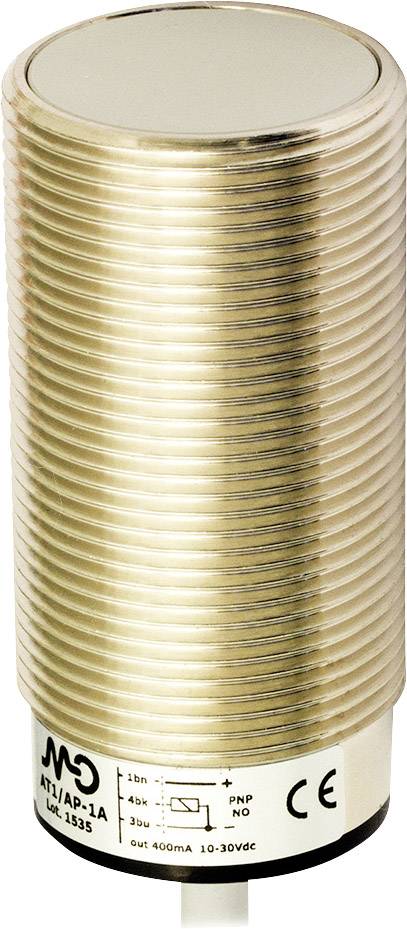 Capteur de proximité cylindrique, de couleur or, avec marquage CE. Nom de marque M.D. et désignation de modèle AT1/AP-1A imprimés.