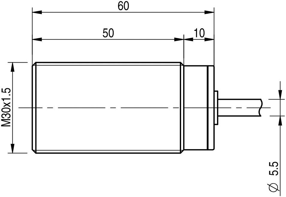 Dessin d'un objet cylindrique avec les dimensions suivantes : longueur totale 60 mm, section rainurée 10 mm, diamètre 30 mm.