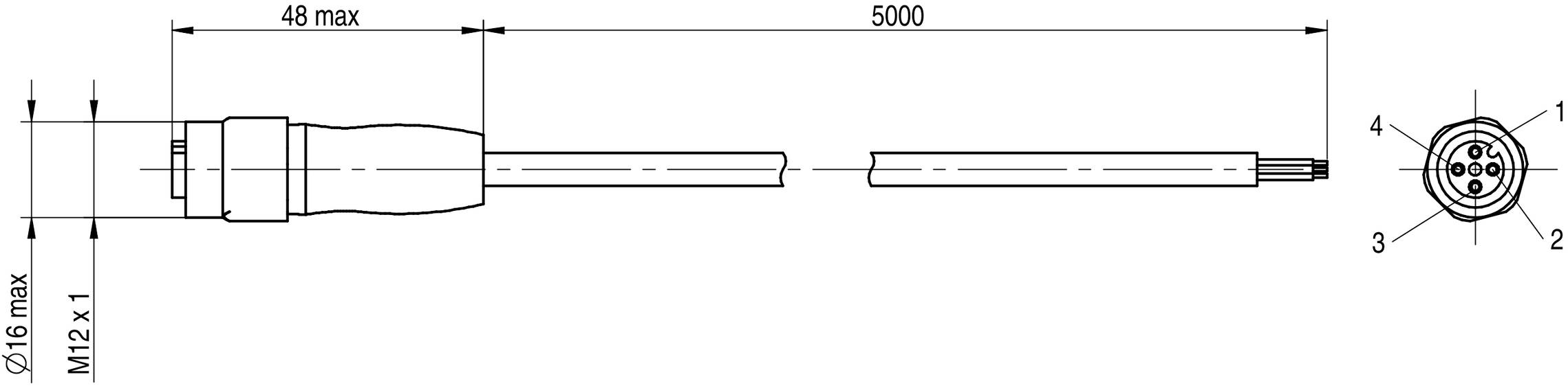 Dessin technique d'une fiche avec filetage M12. Longueur 5000 mm, diamètre 16 mm max. Représentation avec vue 4 pôles.