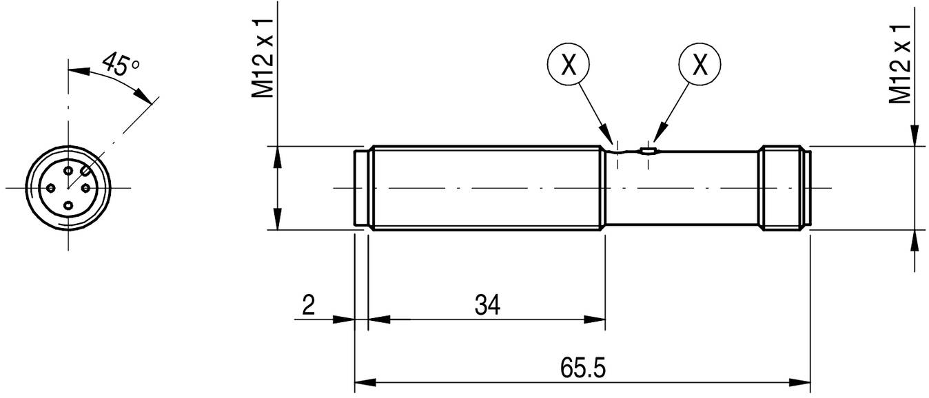 Dessin technique d'un connecteur cylindrique avec dimensions : longueur totale 65,5 mm, filetage M12 x 1 sur les deux côtés.