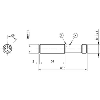 Dessin technique d'un connecteur cylindrique avec dimensions : longueur totale 65,5 mm, filetage M12 x 1 sur les deux côtés.