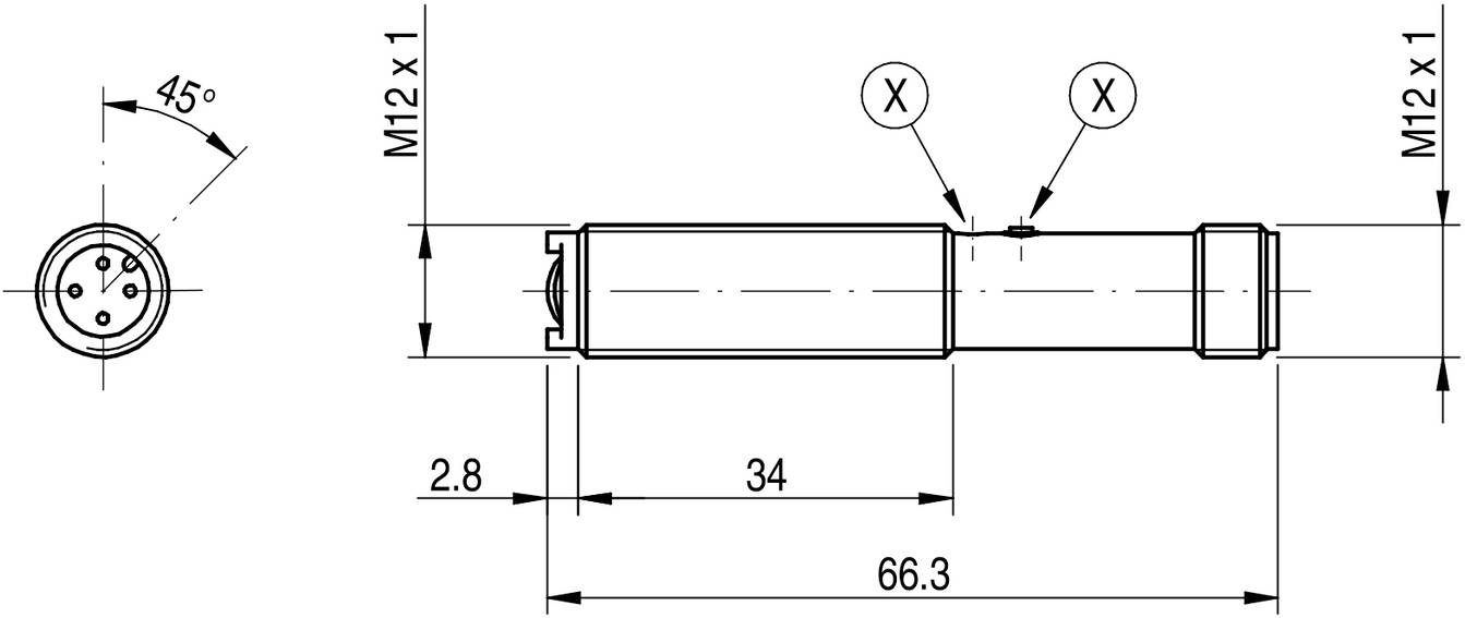 Dessin technique d'un composant cylindrique avec un filetage M12x1 aux deux extrémités. Dimensions : longueur 66,3 mm, diamètre vue à 45°.
