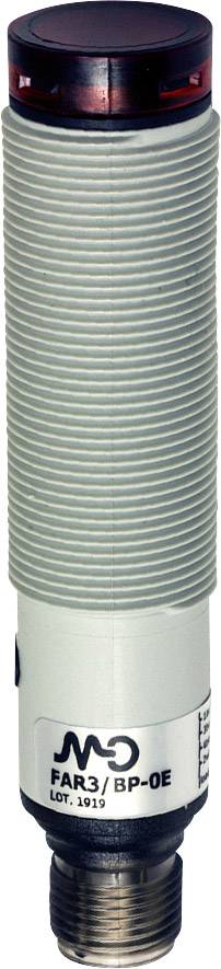 Un capteur cylindrique avec un boîtier gris strié et un connecteur noir. Un anneau transparent rouge est situé en haut.
